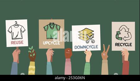 Protest strike against fast fashion waste and overconsumption. Set of human hands with eco banners, placards. Circular fashion economy, Sustainable ec Stock Vector
