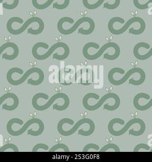 Seamless pattern of sustainable fashion. Green eco infinity symbol icons. Hand-drawn vector pastel pattern. Stock Vector