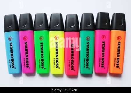 Itterbeck, Germany - Oct 12 2024 Stabilo boss highlighters in 8 different colors. Isolated on white background, top view Stock Photo