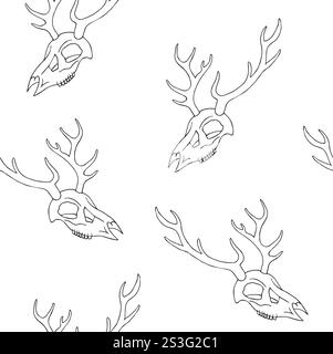 Vector seamless pattern of hand drawn sketch doodle outline deer skull isolated on white background Stock Vector