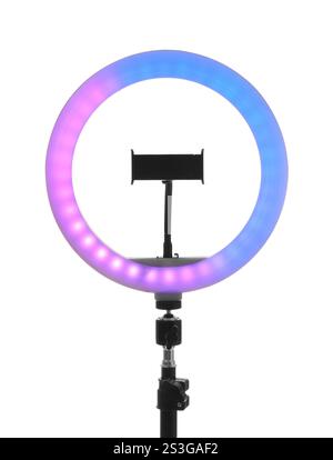 Tripod with ring light isolated on white Stock Photo
