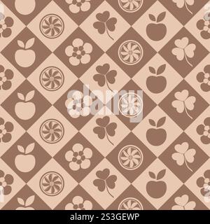Seamless geometric pattern with fruits and flowers mocha mousse, vector illustration Stock Vector