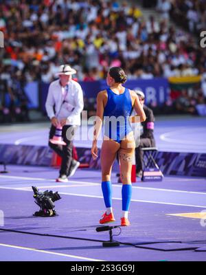 Maryna BEKH-ROMANCHUK participating in the Triple Jump at the Paris 2024 Olympic Games. Stock Photo