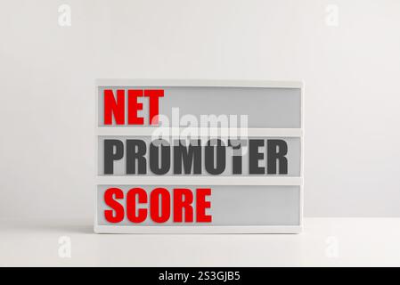 Letter board with text Net Promoter Score (NPS) on white background. Customer satisfaction assessment Stock Photo