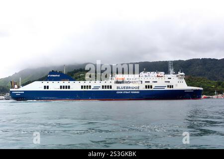 Bluebridge Cook Strait Ferry leaving Picton (Waitohi), Marlborough Region, South Island, New Zealand Stock Photo