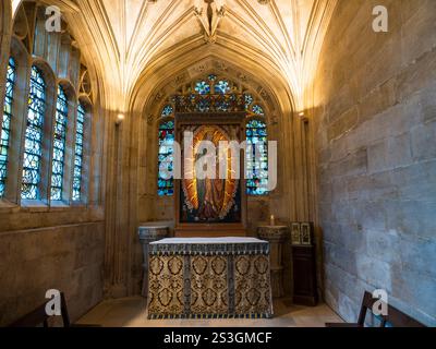 Virgin Mary and Jesus Artwork, Side Chapel, Kings College Chapel, Kings Collage, Cambridge, Cambridgeshire, England, UK, GB. Stock Photo