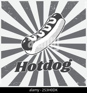 Vintage hotdog graphic for street food advertisement design. Retro style fast food restaurant sign illustration, vector. Stock Vector