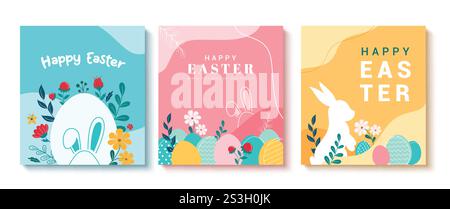 Happy easter clipart poster abstract background set. Easter sunday wishes clip art drawing collection with flowers, eggs and rabbit symbol elements Stock Vector