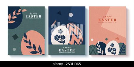 Happy easter greeting clipart poster set. Easter sunday wishes clip art in flat colorful abstract background with drawing eggs, leaves, flowers Stock Vector