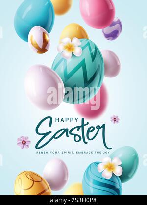 Happy easter greeting clipart poster design. Easter text clip art with colorful, shiny and smooth 3d floating eggs for holiday decoration blurred Stock Vector