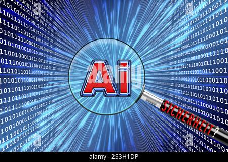 Illustration of a digital tunnel with the word 'security' pointing at a magnifying glass with 'AI', symbolic image, EU AI regulation, first law worldw Stock Photo