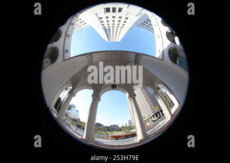 Upward Fisheye View from the Courtyard of the Los Angeles City Hall, California Stock Photo