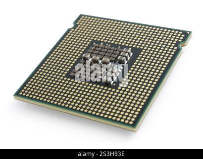 Stock photo of Intel Core 2 Quad Q6600 CPU Quad core computer processor closeup LGA775 socket contacts isolated silhouette on white background with a Stock Photo