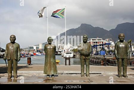 Sculptures on the waterfront, Cape Town, South Africa. The late Chief Albert Luthuli, Archbishop Emeritus Desmond Tutu, former President FW de Klerk a Stock Photo