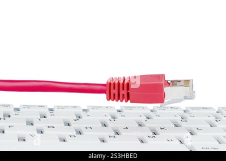 Network cable on keyboard, symbolic photo for flat rate, e-commerce, global communication Austria Stock Photo