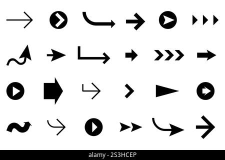 Arrow icons variety. Diverse navigation set. Flat black symbols. Vector graphic collection. Stock Vector