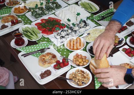 A Delicious Assorted Turkish Breakfast Spread Beautifully Arranged on a Table Stock Photo