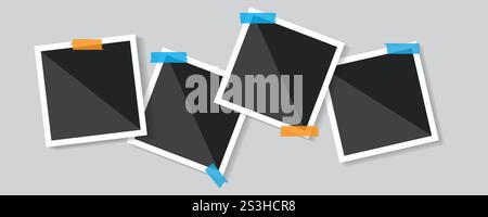 Modern photo collage template with taped blank frames on white background Stock Vector