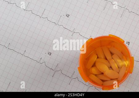 Electrocardiogram, ecg, ekg printed report graph with medication Stock Photo