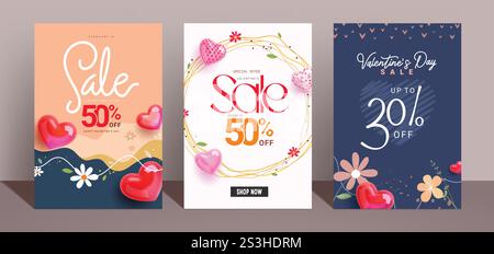 Valentine's day sale clipart poster set design. Hearts day limited time special offer discount clip art for valentine shopping coupon collection. Stock Vector