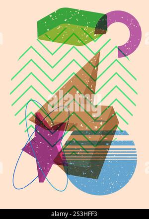 Colorful geometric shapes. Object in trendy riso graph design. Geometry elements abstract risograph print texture style. Stock Vector