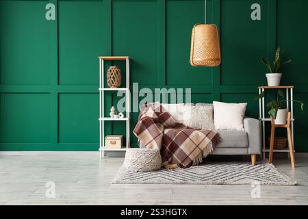 Interior of living room with sofa and knitted blanket Stock Photo