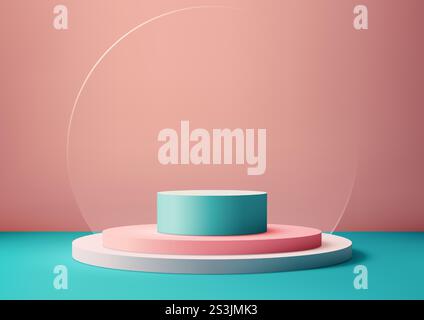 Modern 3D pastel pink and teal podium with a transparent circle backdrop. Showcasing jewelry, cosmetics, or small products mockups, contemporary setti Stock Vector