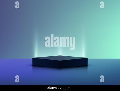 Futuristic square platform on a reflective blue surface with a vibrant blue-green gradient backdrop. Glowing vertical streaks add a sleek tech vibe fo Stock Vector