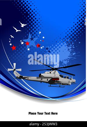 Army Helicopter on blue background. Vector 3d illustration. Hand drawn Stock Vector