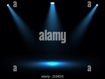 Three bright blue spotlights shine on a dark stage, creating dramatic lighting with a focused center point. Ideal for artistic photography, product hi Stock Vector