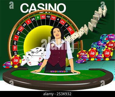 The Woman Croupier At The Casino Table. 3d vector hand drawn illustration Stock Vector