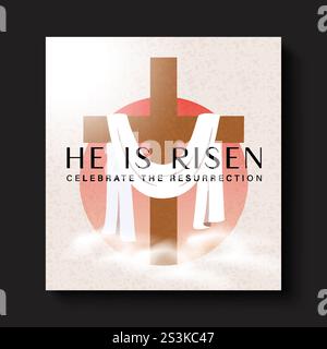 Jesus christ risen clipart card design. Happy easter sunday risen celebration with wood christian cross for jesus christ rebirth symbol clip art. Stock Vector