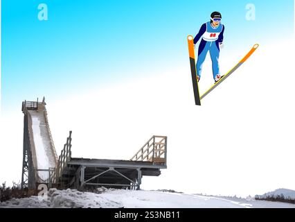 Ski Jumping Winter Sports. 3d vector color hand drawn illustration Stock Vector