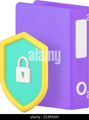 Business document file data protection security storage 3d icon realistic vector illustration. Database protect with lock shield and folder archive in Stock Vector
