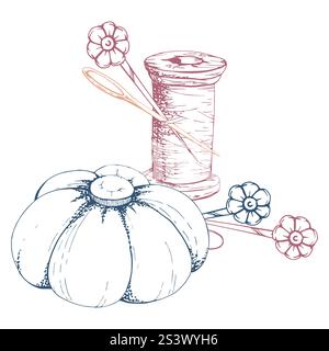 Wooden thread spool skein bobbin, pin cushion needles, sewing craft embroidery supplies. Hand drawn ink vector illustration. Composition isolated on Stock Vector