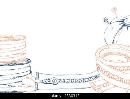 Clothes zippers, ribbon bobbins, textile pin cushion with needles. Hand drawn ink vector illustration sewing craft supplies. Frame isolated on white Stock Vector