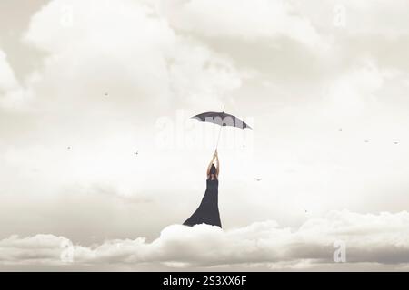woman with black umbrella flies in the sky with clouds, abstract concept Stock Photo