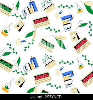 Gardening Tools And Plant Containers In Flat Vector Illustration Symbolizing Gardening, Plant Care, And Sustainability, Isolated On White Background. Stock Vector