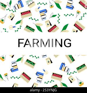 Seamless Farming Pattern With Crops And Tools In Flat Vector Illustration Symbolizing Agriculture, Sustainability, And Gardening, Isolated On White Stock Vector