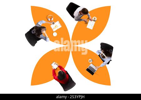 Conceptual graphic design. Four people sitting around orange floral design, working or interacting, signifying harmony and creative connections in Stock Photo