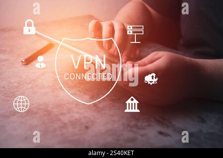 VPN Virtual Private Network protocol concept. Woman use digital tablet with vpn icon on hologram interface. VPN concept. Stock Photo
