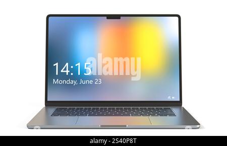 Modern silver laptop showing lock screen on white background 3d Stock Photo