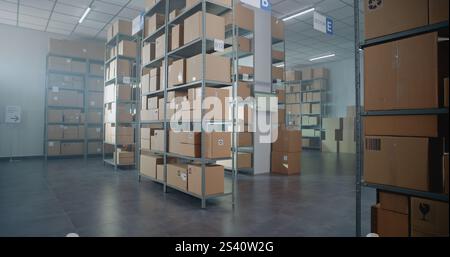 Big Storage, Warehouse Retail Center with Rows of Shelves with Cardboard Boxes and Parcels. Sorting Center of Post Office or Distribution Facility for Product Delivery. Logistics Concept. Dolly Shot. Stock Photo