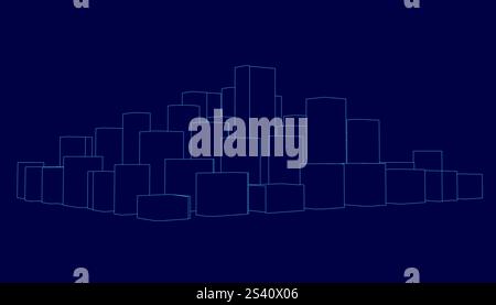 City skyline is shown in blue with a dark blue background. The buildings are outlined in white and the city appears to be in the middle of the night Stock Vector
