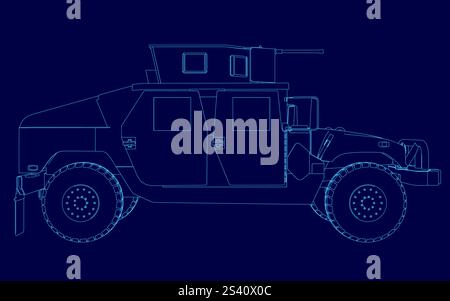 Blue drawing of a military vehicle. The vehicle is a Humvee and is shown in a blue style. Scene is serious and focused on the vehicle's design and fea Stock Vector