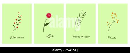 Set of postcards with garden flowers. Delicate flowers and leaves. Botanical greeting cards with captions Stock Vector