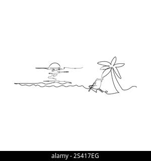 Sunset with cloud on sea ocean continuous one line drawing Sunrise one single line linear style, Continuous single line drawing of cloud sun set Stock Vector