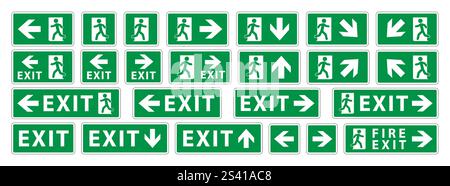 Emergency exit sign icon symbol set. Green Fire safety exit sign logo collection. Running man and exit door sign. Vector illustration image. Isolated Stock Vector