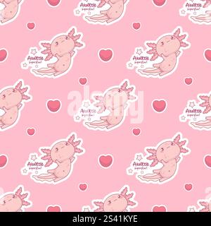 Seamless pattern with cute Axolotl superstar on pink background with heart. Funny Little cartoon kawaii character. Vector illustration. Romantic valen Stock Vector