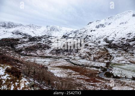Nant Ffrancon glaciated valley in winter, Sonowdonia, North Wales Stock Photo